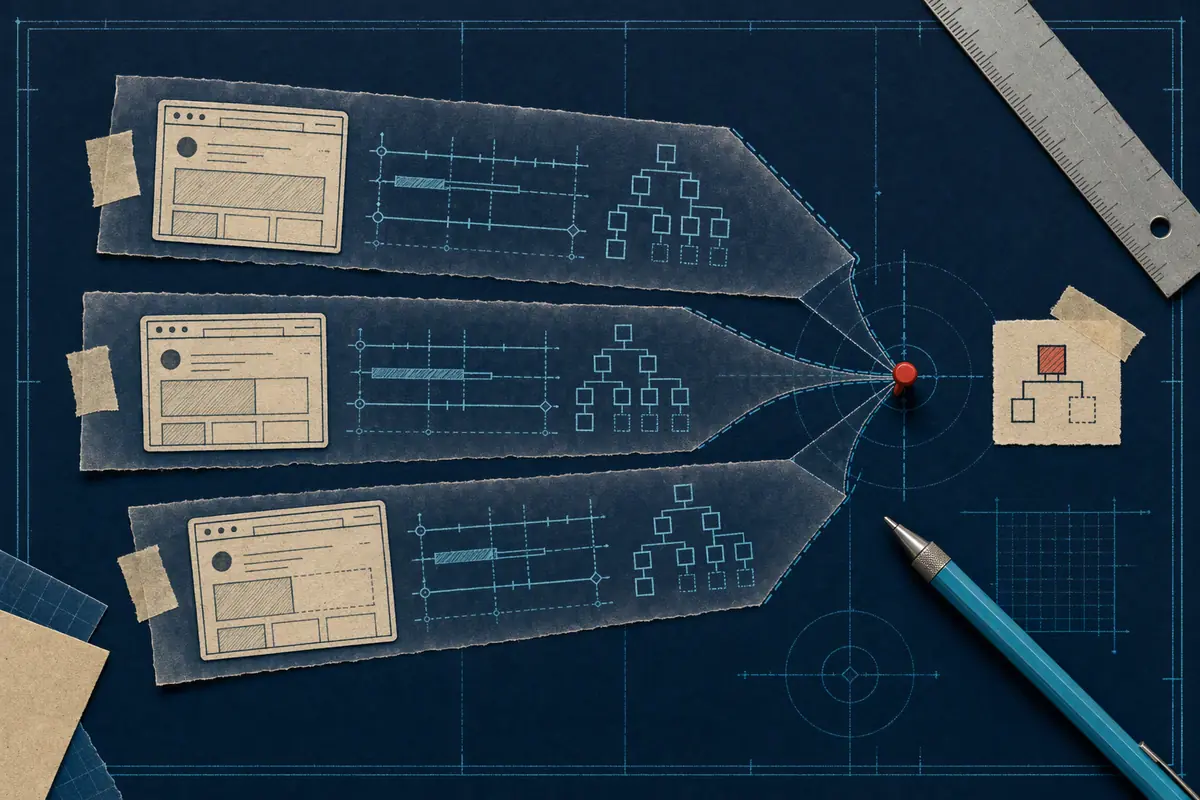Three Playwright retry evidence strips converging on one red fault marker on a blueprint drafting sheet